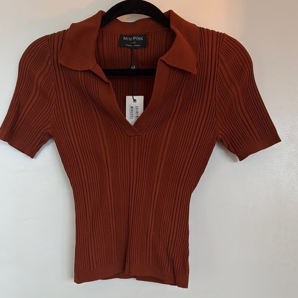 MINKPINK Brown Button Down Shirt with Notched Collar and Ribbed Texture